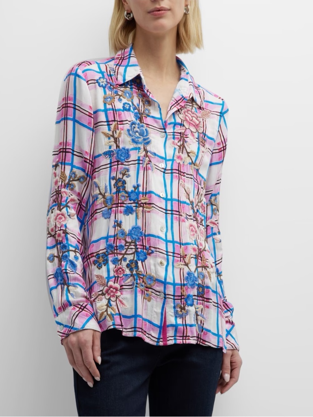 Johnny Was Malta Floral-Embroidered Plaid Shirt Women’s Size Small